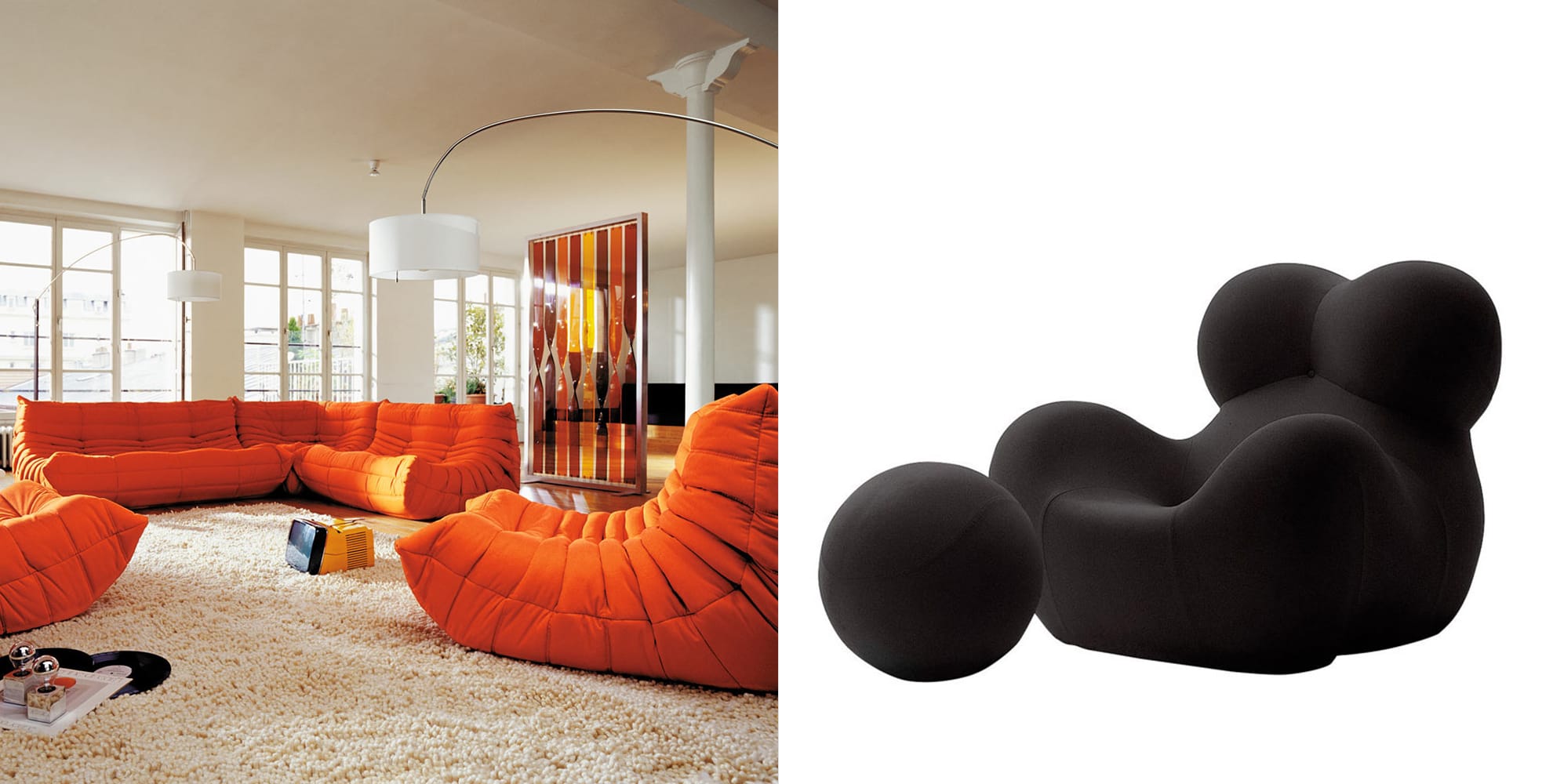 Togo Sofas by Ligne Roset, Up 5 Lounge Chair by Gaetano Pesce.