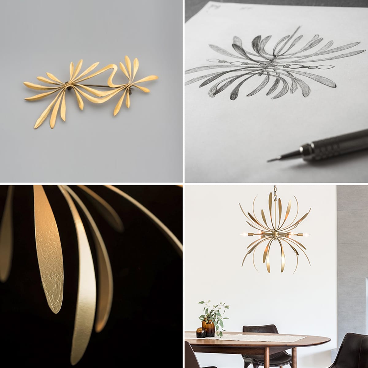 The Dahlia, from inspiration to conception to final design. Designer Paul Marr-Hilliard was inspired by a piece of forged jewelry created by Harry Bertoia.